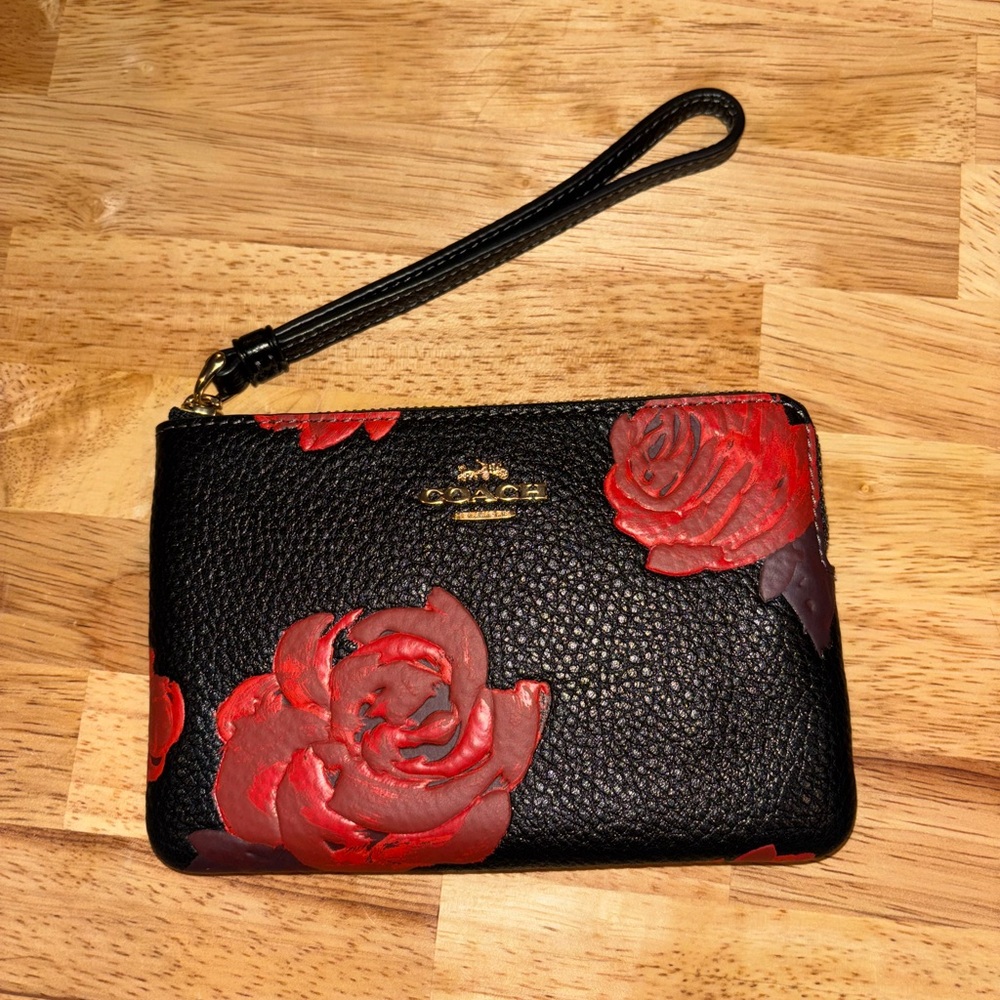 Coach Black Wristlet with Red Floral Pattern